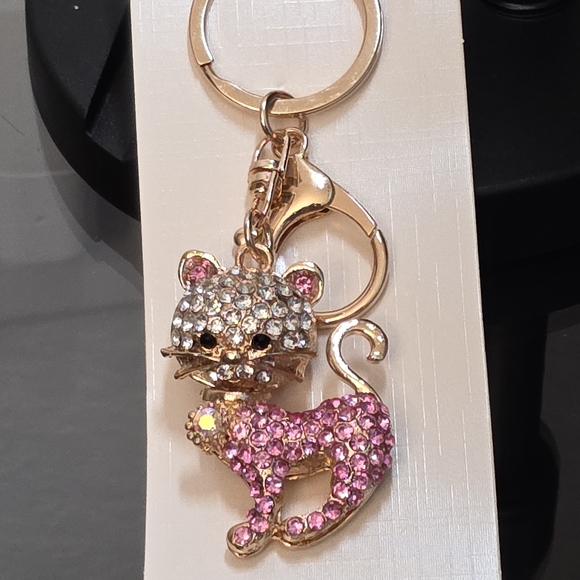 Sparkling Cat Keychain / Bag Charm with Pink and Silver Crystals - Picture 1 of 4